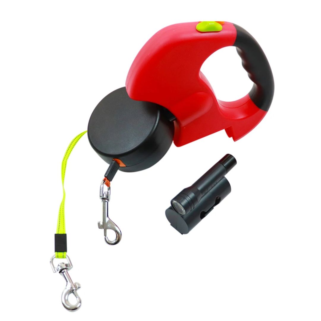 Lesa retractabilă pentru câini – cu lampă LED și distribuitor de saci