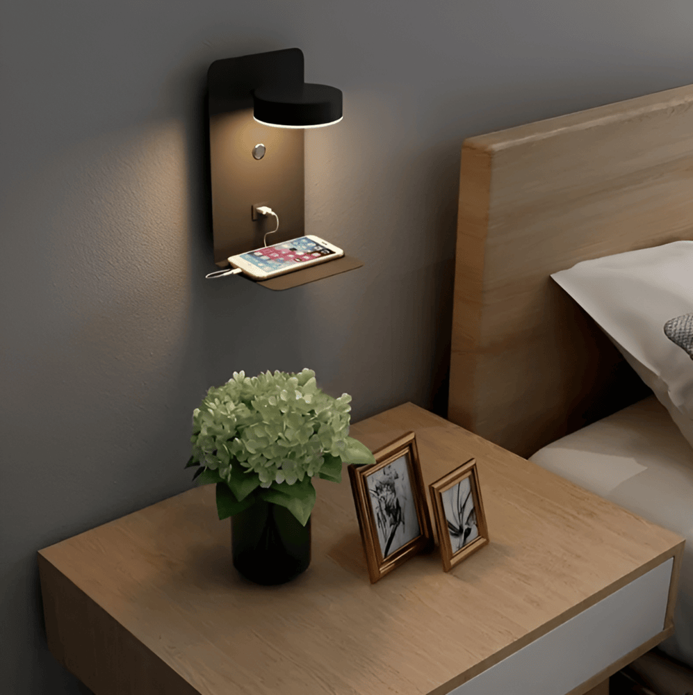 مصباح حائط LED مع رف ومنفذ USB - تصميم عصري ووظيفة 2 في 1